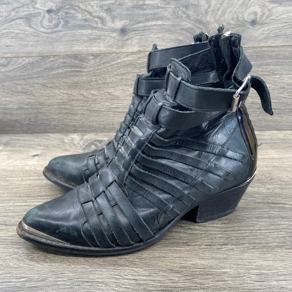 TBA Woven Leather Cage Ankle Boots Womens 7 Black Iridescent Western Pointed Toe